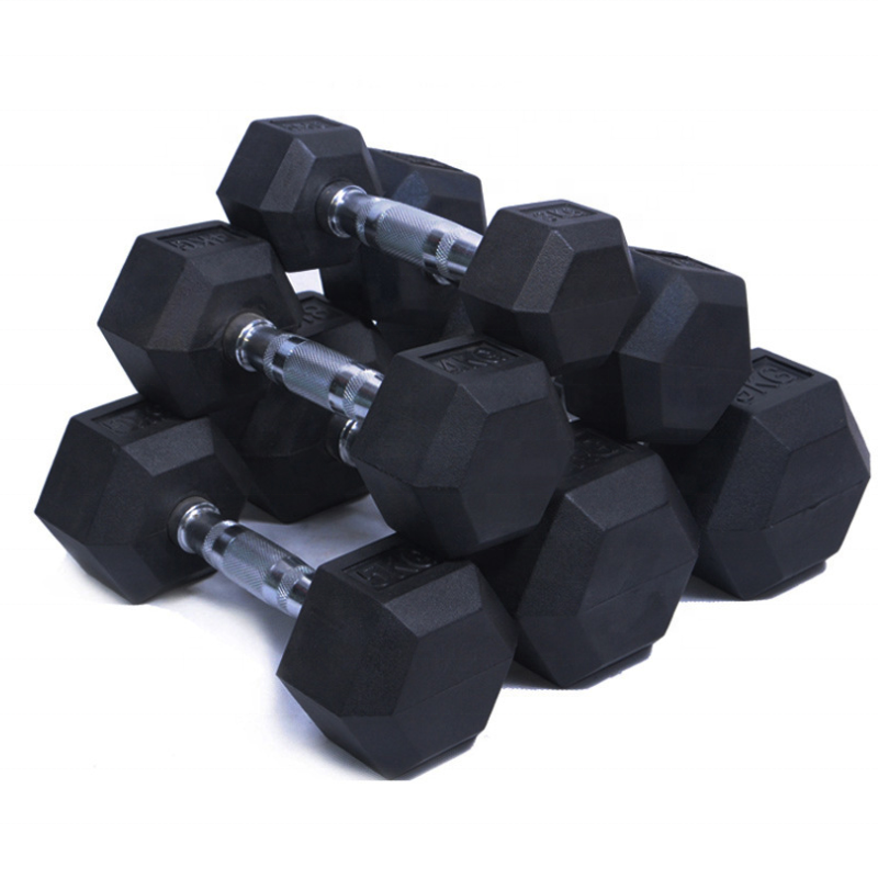 Custom logo factory price for black rubber hex weight lifting dumbbells