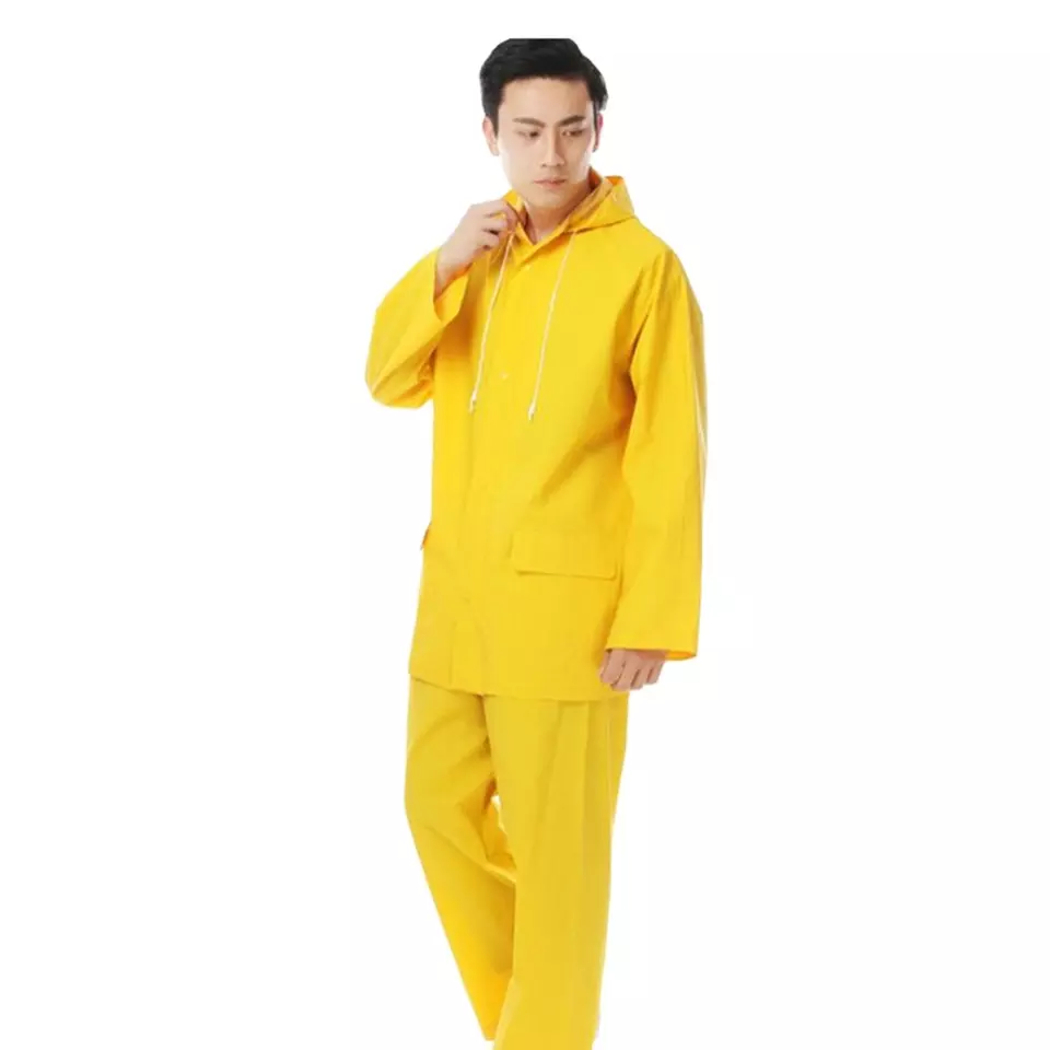 Aukštos kokybės lietaus kostiumas geltonos spalvos pasirinktinis logotipas OEM spausdinimas vandeniui atsparus audinys