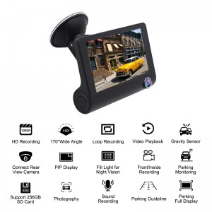 4 инчен дисплеј Екран 3 во 1 Преден заден преглед во живо HD Mini 1080p Car Dash камера