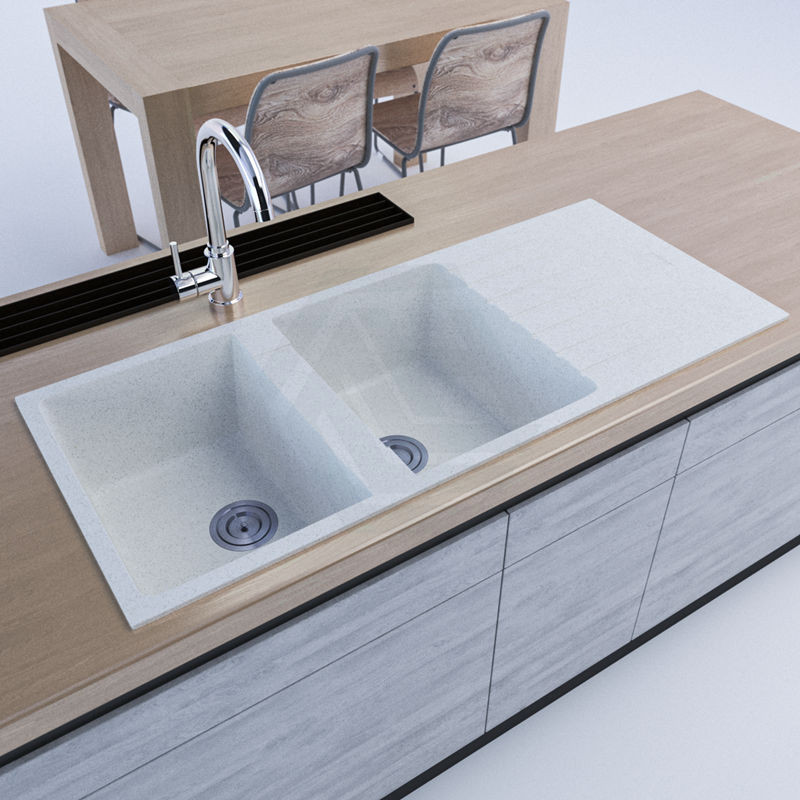 MACHO 1160x500x200mm White Granit Stone Kitchen Sink Double Bowls Drainboard Top Mount