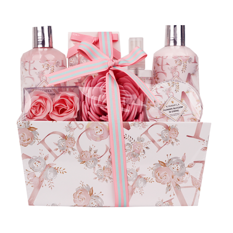 Pavasario sodo rožinio bijūno prabangus burbulinės vonios dovanų rinkinys, skirtas jos įvaizdžiui
