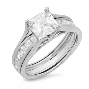 2.54ct Princess Cut Pave Solitaire Aksen Simulasi Berlian Pertunangan Janji Pernyataan Anniversary Bridal Wedding Ring Band set Nyata Solid 14 K Emas Putih