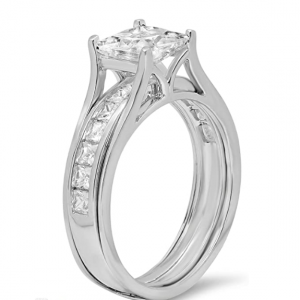 2.54ct Princess Cut Pave Solitaire Accent Simulated Diamond Engagement Promesse Statement Anniversary Wedding Ring Set di bande di anelli di nozze Reale Solidu Oru biancu 14k