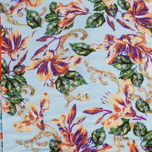 ປັບແຕ່ງ Slubbed Printed 95% Rayon 5% Spandex Knitted Jersey Rayon Fabric For Tops And Blouses Girls