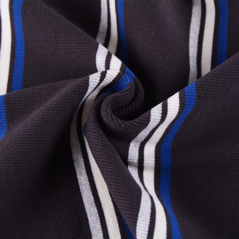 Tessuto in maglia a costine 2 × 2 a righe blu scuro tinto in filo di cotone elasticizzato spesso pesante per polsino