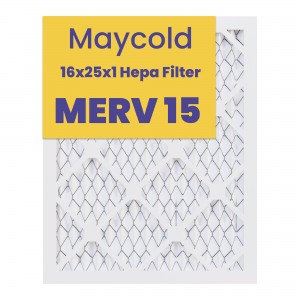 MERV 15 16x25x1 HEPA-typ nemocničného vzduchového filtra AC pece zachytáva 0,3 mikrónu vzduchom prenášaný vírus, častice dymu z divokého požiaru, ultrajemné častice