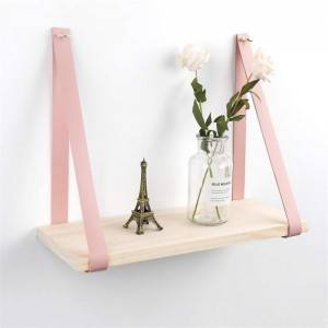 Floating mount Mounted pink Leather Strap Wood Wall organizer shelf Shelves for Living Room Bedroom Bathroom