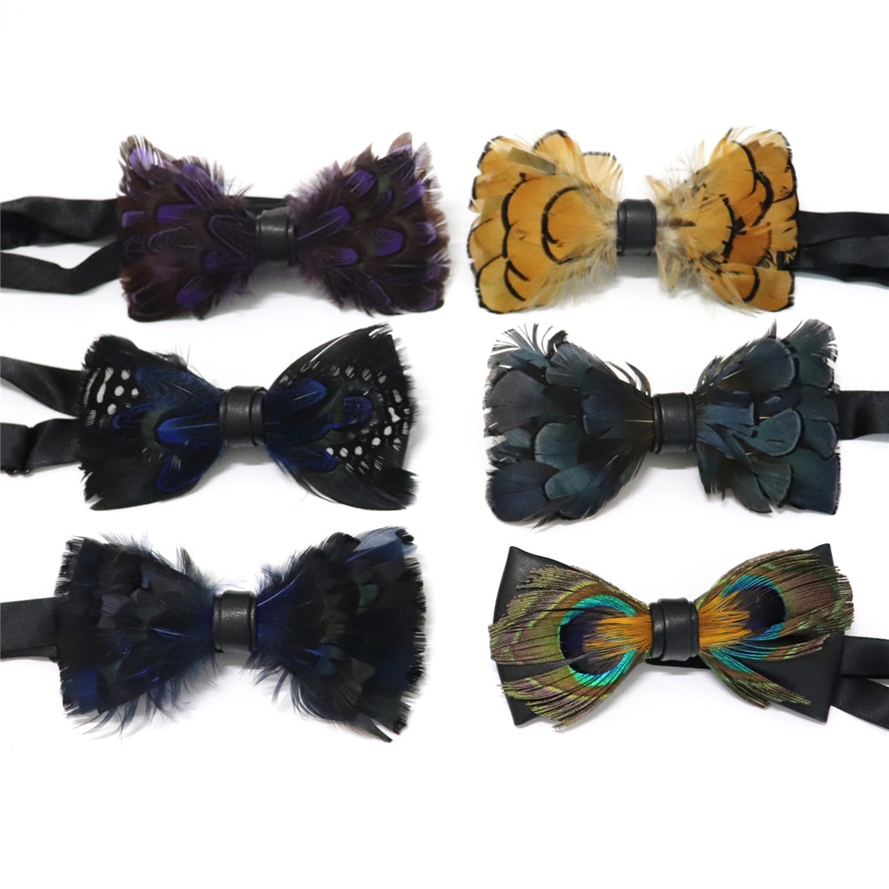 ຄຸນະພາບສູງ Handmade Feather Pre-tied Bow tie and Brooch Sets for Men Wedding Party