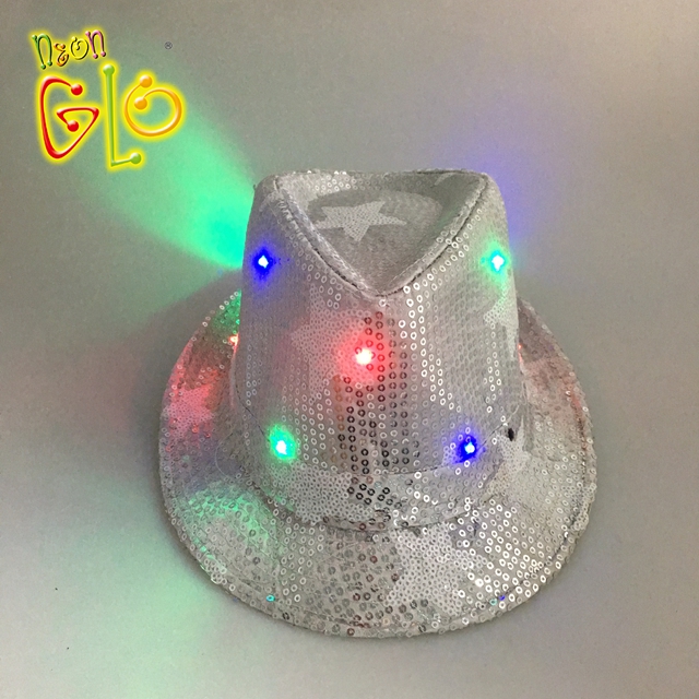 LED светеща парти консумативи бяла федора шапка с пайети