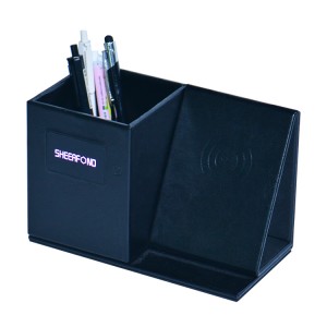 Organizador de escritorio de coiro con cargador Qi Cargador sen fíos Portabolígrafos de coiro