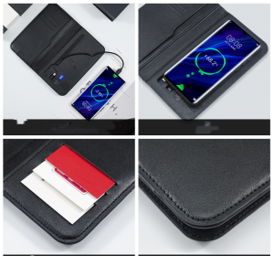 Carteira personalizada unissex de couro PU de alta qualidade, carteira inteligente de carregamento sem fio
