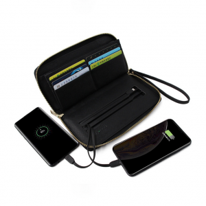 Trendy Wireless Charging Zipper Wallet Universal Power Bank Women PU leather wallet