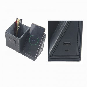 Cargador sen fíos Soporte para bolígrafos Caixa de almacenamento de escritorio de coiro Convertidor USB Soporte para lápices de coiro