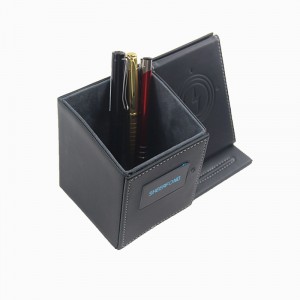Multifunkčný PU kožený držiak na pero na stôl s úložným boxom s bezdrôtovým nabíjacím stojanom na perá do kancelárie