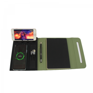 Sleek Wireless Charging Notebook Power Bank PU san fil chaje Notebook kòm Pwomosyon Kado Set