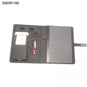 portátil de carga sen fíos de coiro multifuncional A5 con banco de enerxía, logotipo de iluminación de planificador personalizado con portátil de banco de enerxía