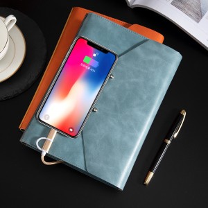 A5 PU Wireless Phone Charger Notebook නිර්මාණශීලී බහු-ක්‍රියාකාරී ආරෝපණය Power Bank Notebook Wireless Charging Notebook
