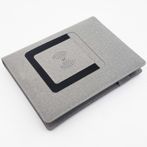 Un portafolios de cuero genuino organizador de negocios reutilizable con banco de energía carpeta de archivos pequeña libreta recargable portátil de carga inalámbrica