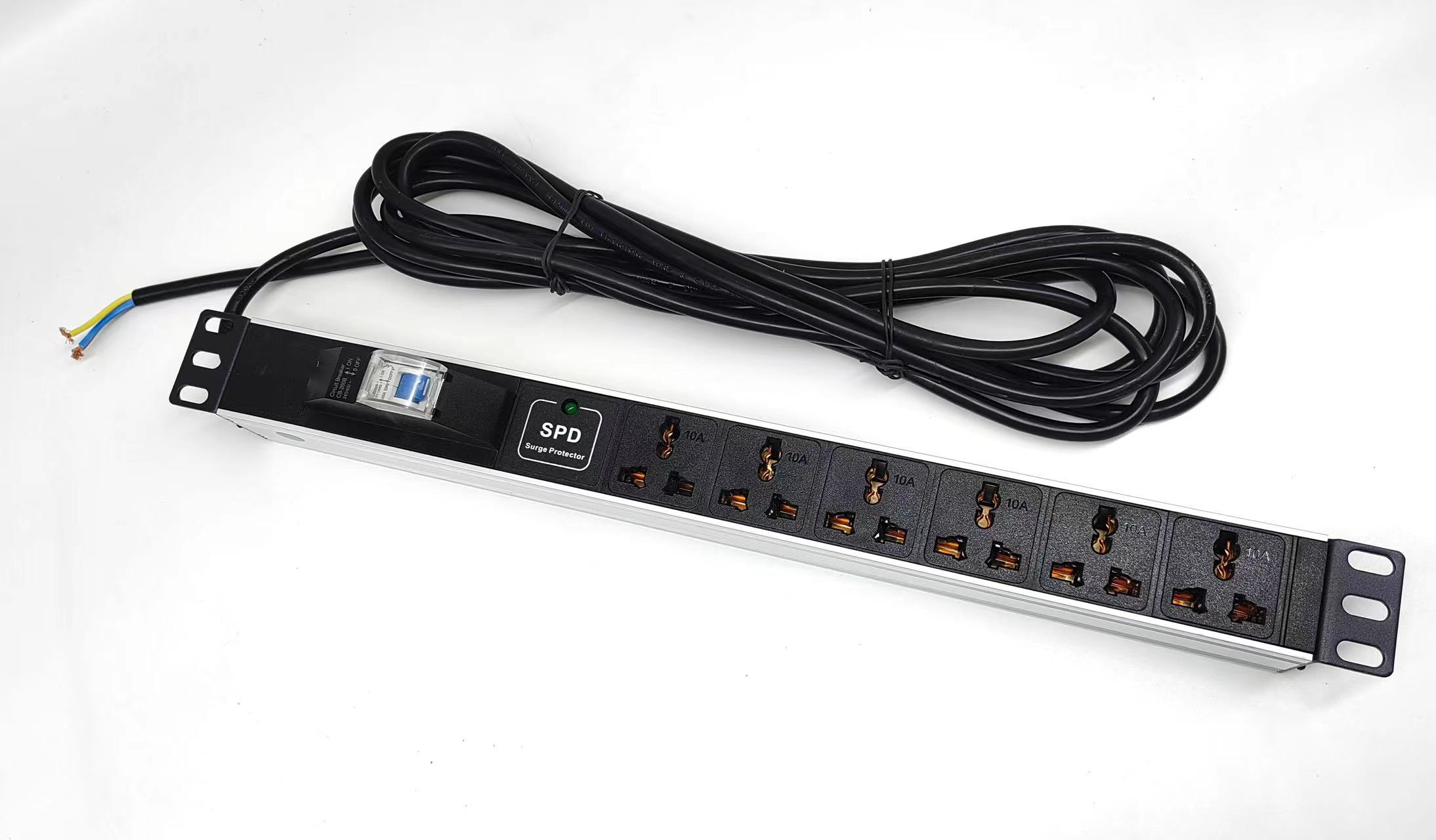19″ 1U PDU 6 universal sockets with MCB and Surge protector