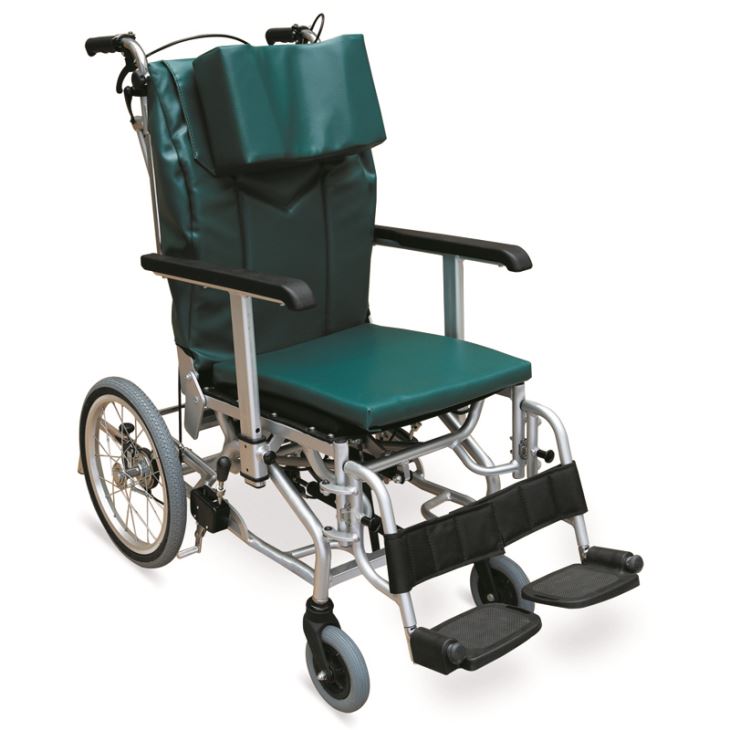Atractiva silla de ruedas reclinable de color verde con reposabrazos ajustables en altura, columpio...