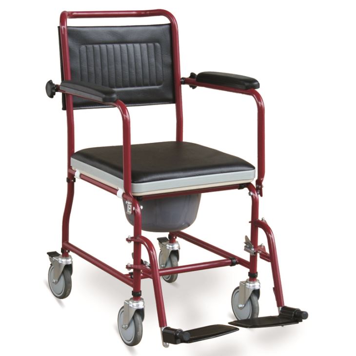 Commode-rolstoel mei flip-down-armleuningen en útnimbere fuotsteunen