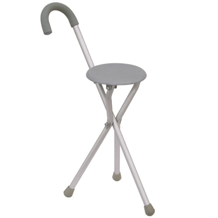 Folding Seat Cane Mei Comfortable Round Handle, Silver