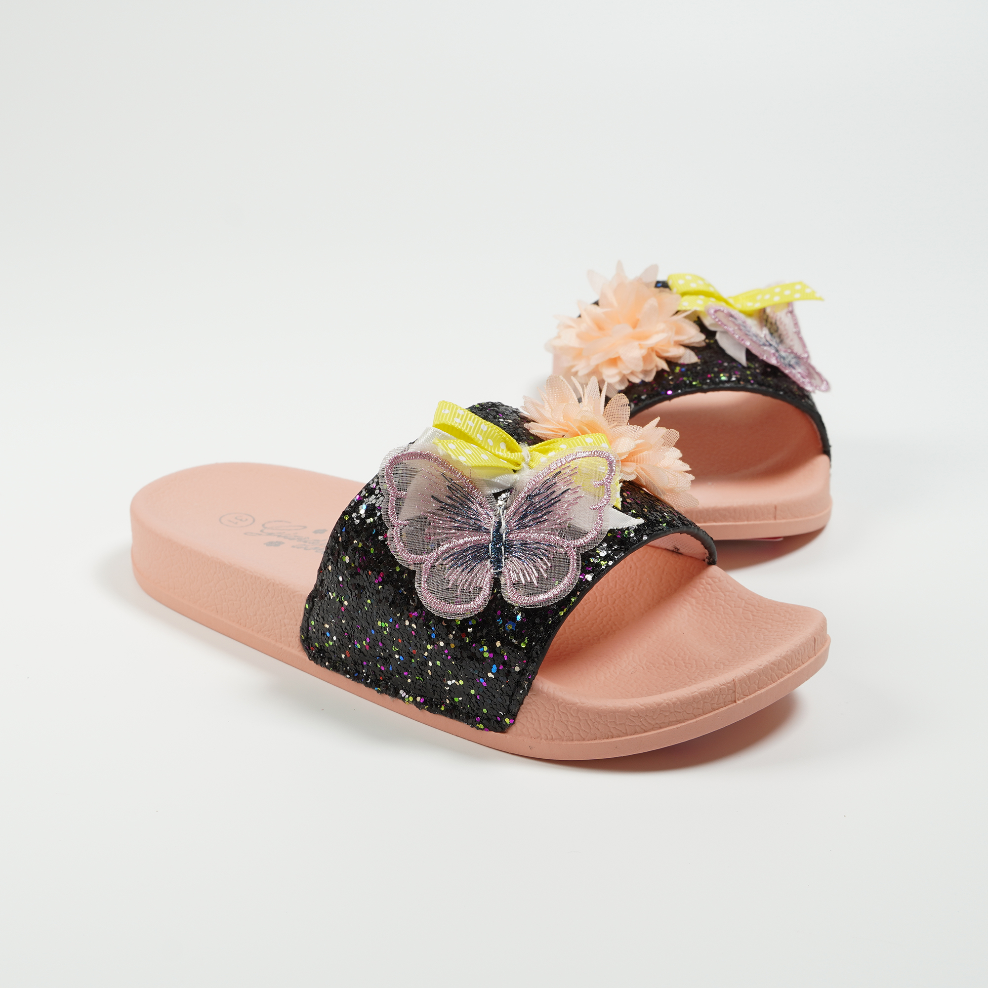 Газа Пеперутка и цветна внатрешна папучи за девојки Glitter Girls Slides OEM ПВЦ влечки со отворени пети за жени