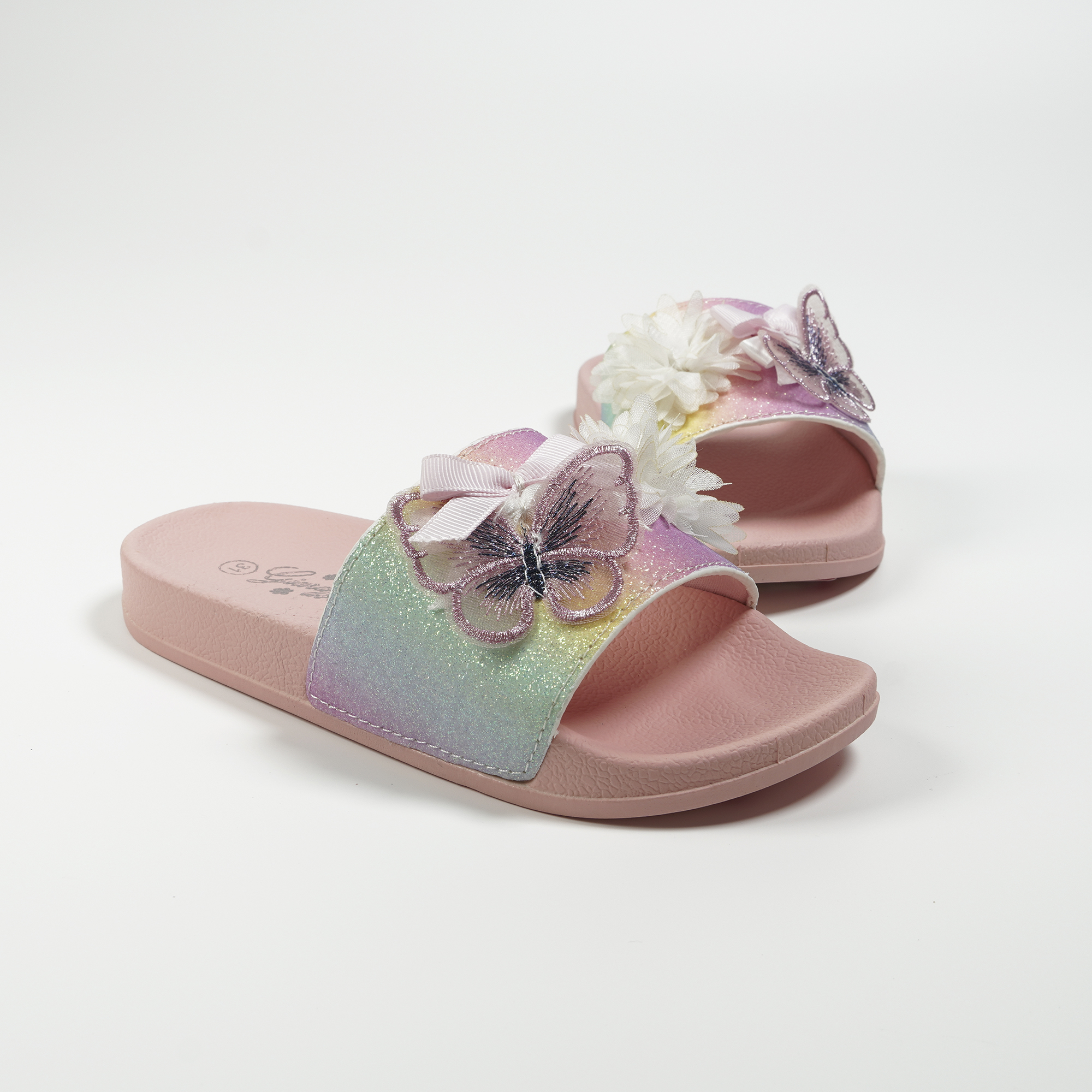 Газа Пеперутка и цветна внатрешна папучи за девојки Glitter Girls Slides OEM ПВЦ влечки со отворени пети за жени