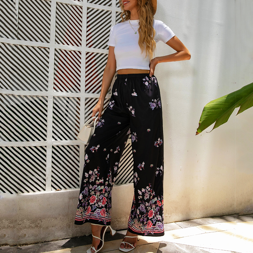 Velkoobchod přizpůsobené dámské kalhoty s květinovým potiskem se širokými nohavicemi Letní bohémské volné dlouhé kalhoty Ležérní plážové kalhoty
