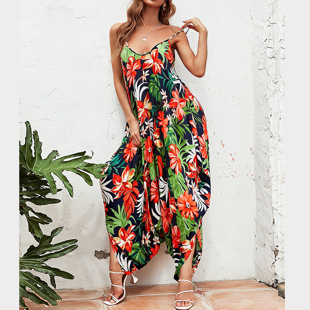 Summer Jumpsuits Vehivavy Rayon Floral Print Jumpsuit Bohemian Spaghetti Strap Sleeveless Wide Leg Loose Rompers