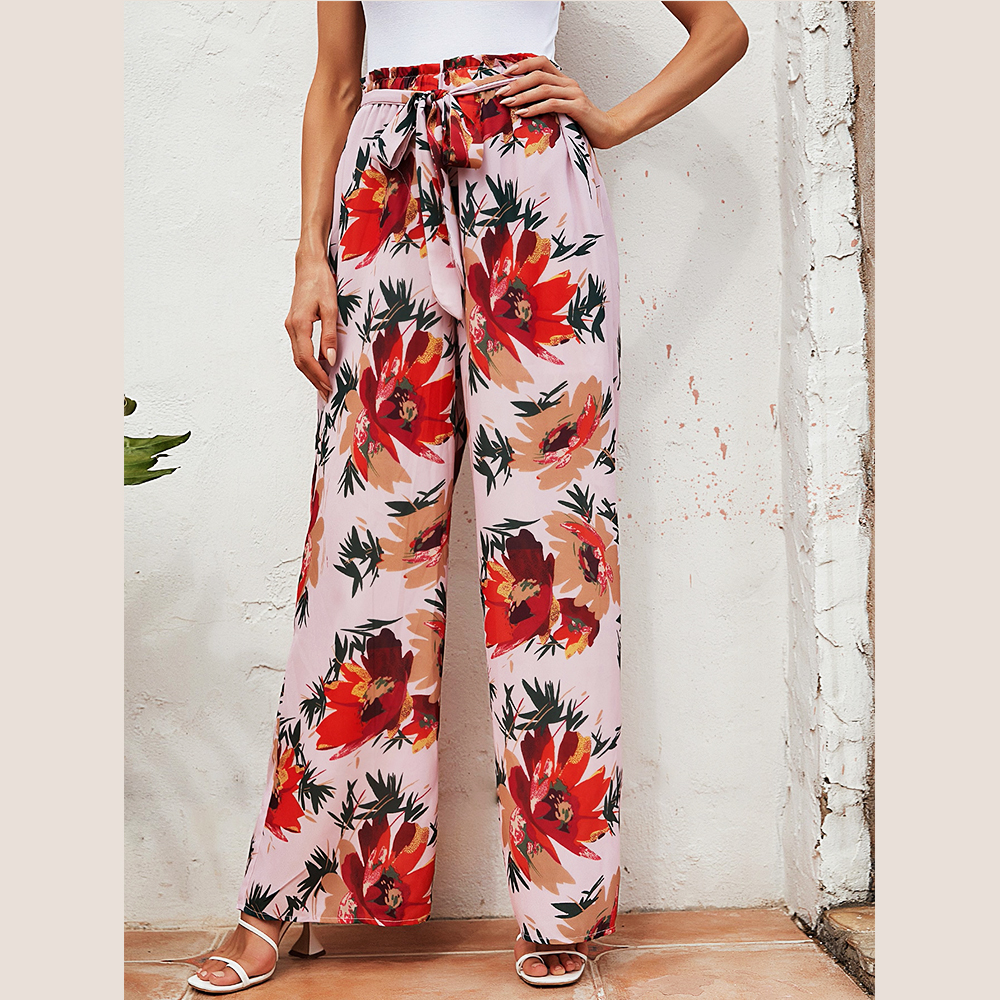 Sommer-Frauen-Hosen mit hoher Taille, Blumenmuster, bequem, dehnbar, Lounge-Pyjama, Frauen, locker, lässig, weites Bein