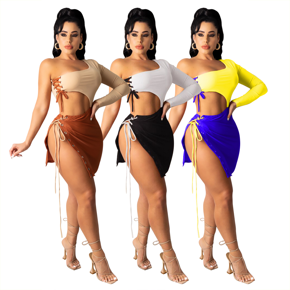 Ежедневни дамски мини асиметрични дрехи без гръб Секси едноцветни комплекти от поли Ежедневни поли и горнища Дамски комплект