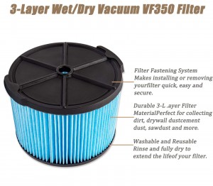 Иваз кардани филтри VF3500 барои чангкашакҳои Ridgid 3-4,5 Gallon Филтри чангкашаки 3-қабати ҷарима барои Ridgid WD3050 WD4080