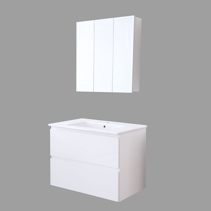 White acrylic-surface bathroom vanity unit with three-door mirror cabinet