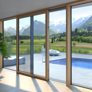 Porte scorrevoli moderne a telaio stretto in legno con rivestimento in alluminio resistente e termico