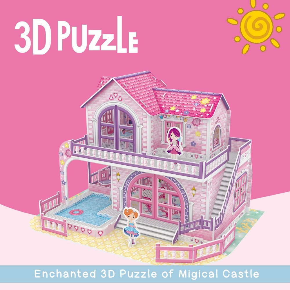 3D Puzzle Dollhouse nwere arịa ụlọ dị ụtọ Villa Pink Villa onyinye maka obere nwa agbọghọ DIY Doll House Kit