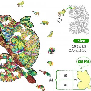 Unikalios formos spalvinga chameleono gyvūno medinė dėlionė suaugusiems – W1003