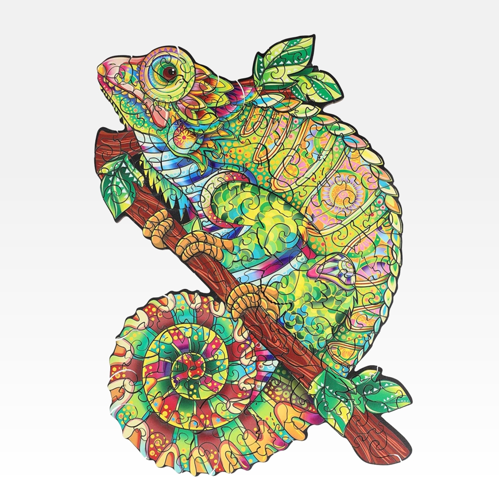 Drvena slagalica jedinstvenog oblika šarene životinje kameleona za odrasle – W1003 Istaknuta slika