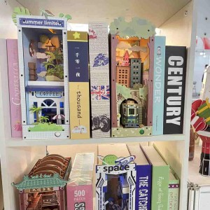 Rak Buku Sisipan Sudut Buku Kit DIY Rak Buku Kayu Miniatur Bangunan Mainan dengan Lampu L0306P