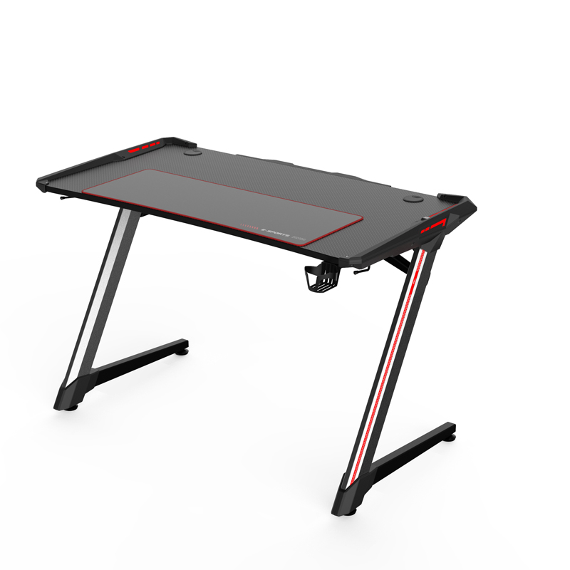 តុ Gaming Desk Table Ergonomic Professional Gaming Desk with RGB LED Light Carbon Fiber Surface តារាង Workstation អ្នកលេងល្បែងធំ ជាមួយនឹង Cup Holder / Headphone Hook រូបភាពពិសេស