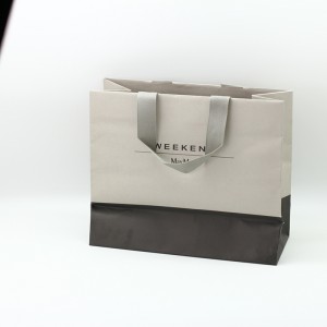 Bossa de paper recobert de logotip personalitzat de color gris amb nansa per comprar