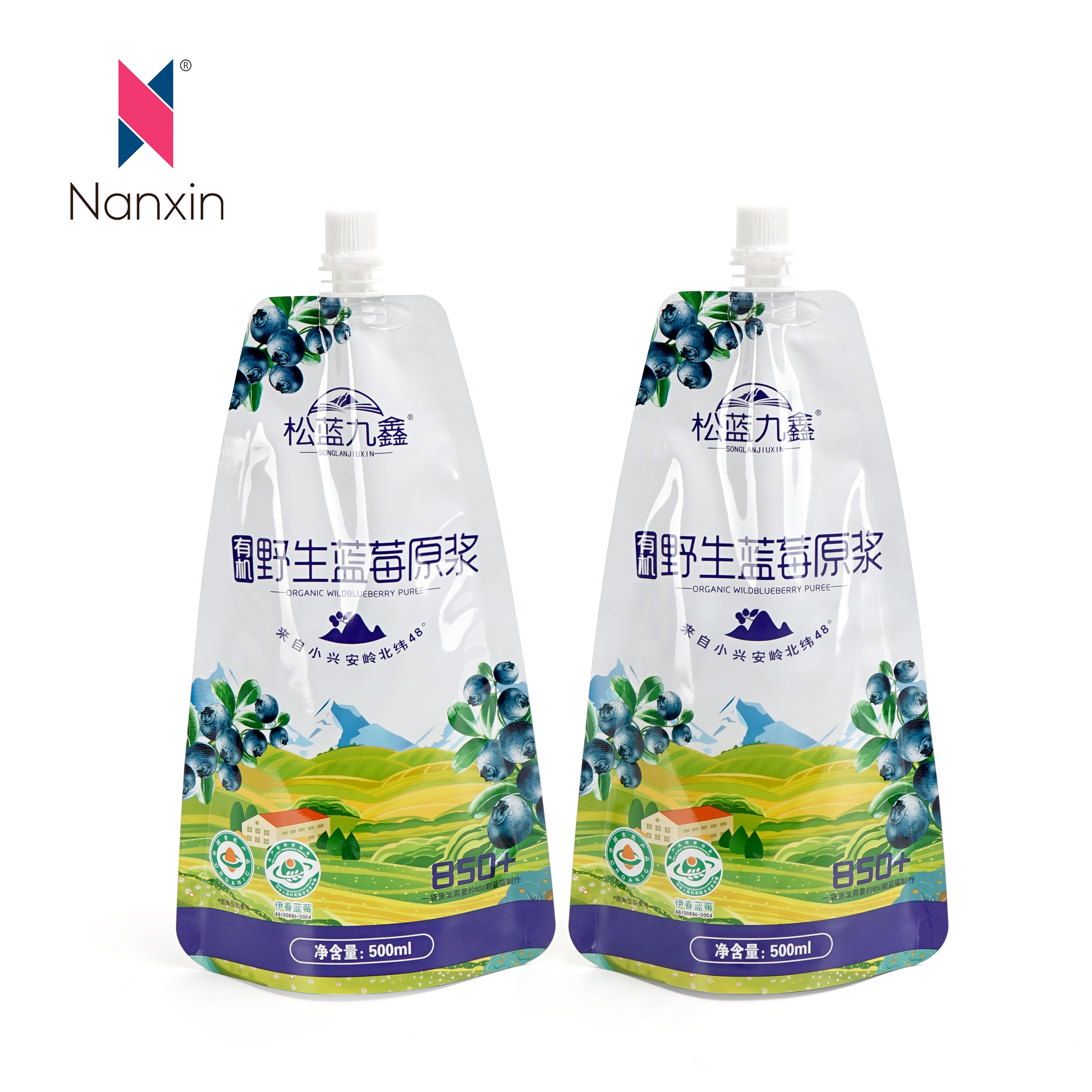 Bpa-Free Packaging Recyclable Spouted Juice Blueberry Jelly Petetsa Mokotla o se Nang le Mokotla o Monyenyane oa Spout