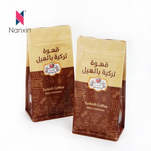 Resealable Self Standing Datar Bottom Coffee Bean Bag / Kopi Bean Packaging Bag Sareng Klep Sareng Seleting 250g 500g 1000g