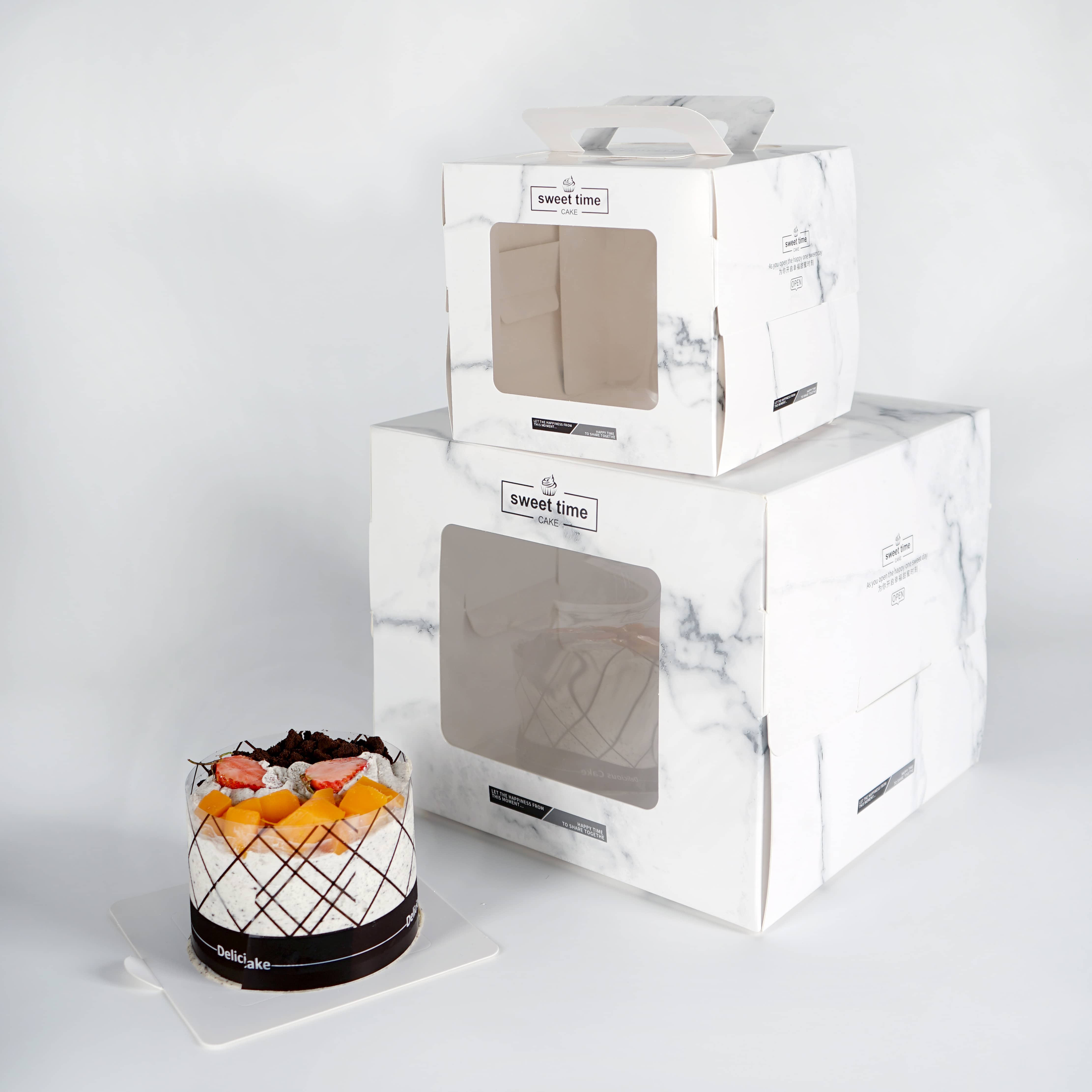 Square Advanced Technology Marble Carrier Bags กล่องเค้กกระดาษพร้อมหน้าต่าง