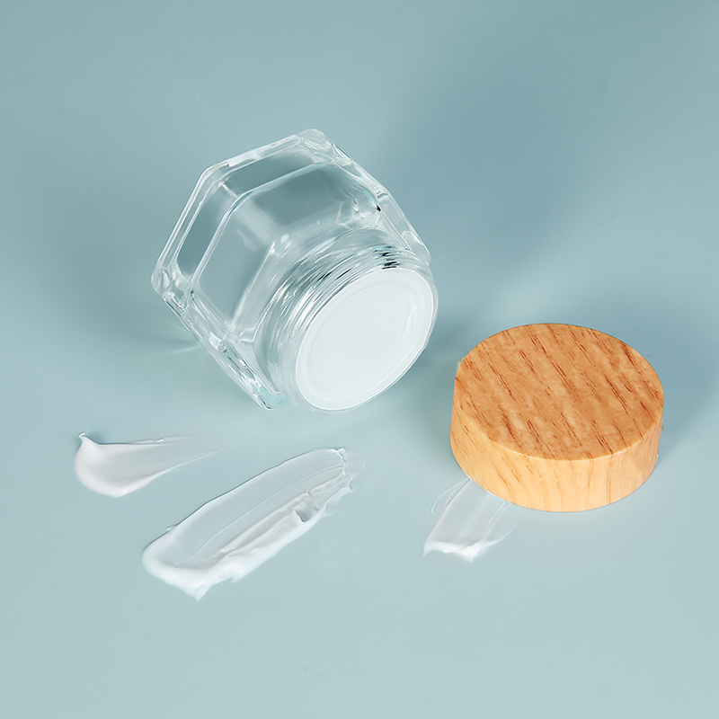 50 ml шестоъгълен прозрачен стъклен буркан за козметичен крем за лице с капак WoodGrain