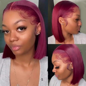 Straight 99J Burgundy Short Bob Natural Hairline Glueless Lace Wigs