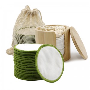 Округло средство за уклањање шминке од бамбуса и памука са амбалажом од ткане траке и округлом кутијом од бамбуса