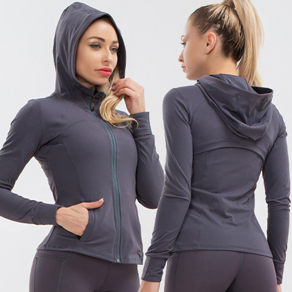 China Women sports hooded zipper jacket high elastic running top custom  long sleeve workout yoga coat factory and suppliers