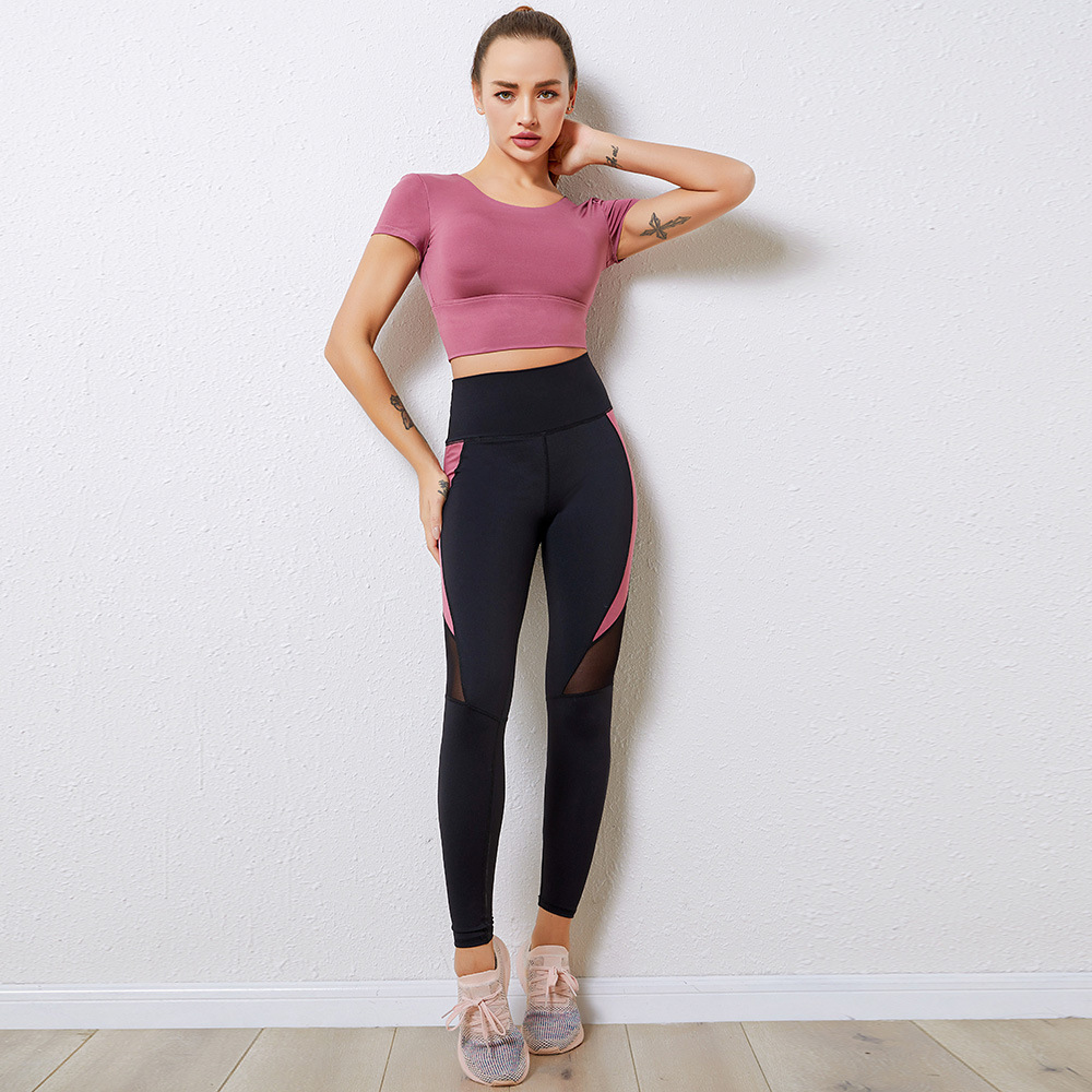 China Custom short sleeve sexy cross back gym top contrast color mesh  patchwrok high waist leggings women yoga active wear set factory and  suppliers