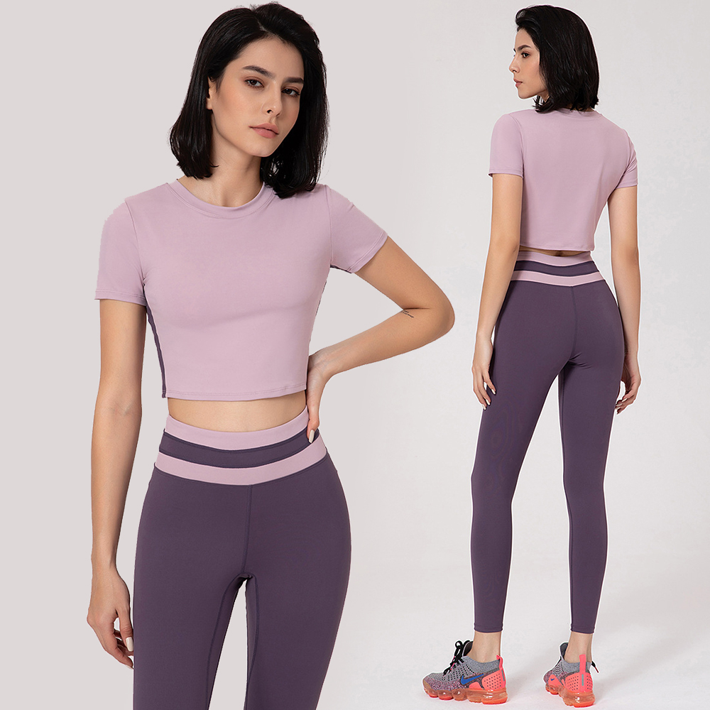 China Custom 2 piece women high waist leggings suit gym sets short sleeve  crop top yoga activewear set factory and suppliers